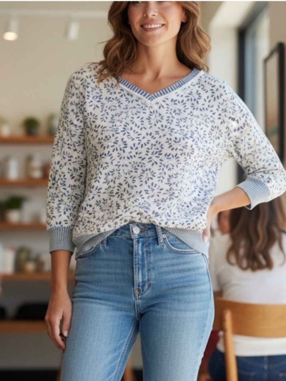 Escales Paris Leaf Print Cotton V- Neck Sweater Medium NWOT